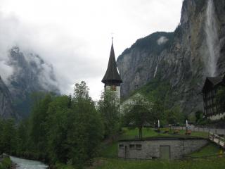  church tower and bunker/cellar, near small river in steep Alpine valley