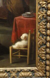 painting detail of a dog on a chair