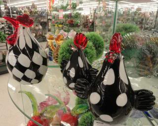 black and white glass chickens